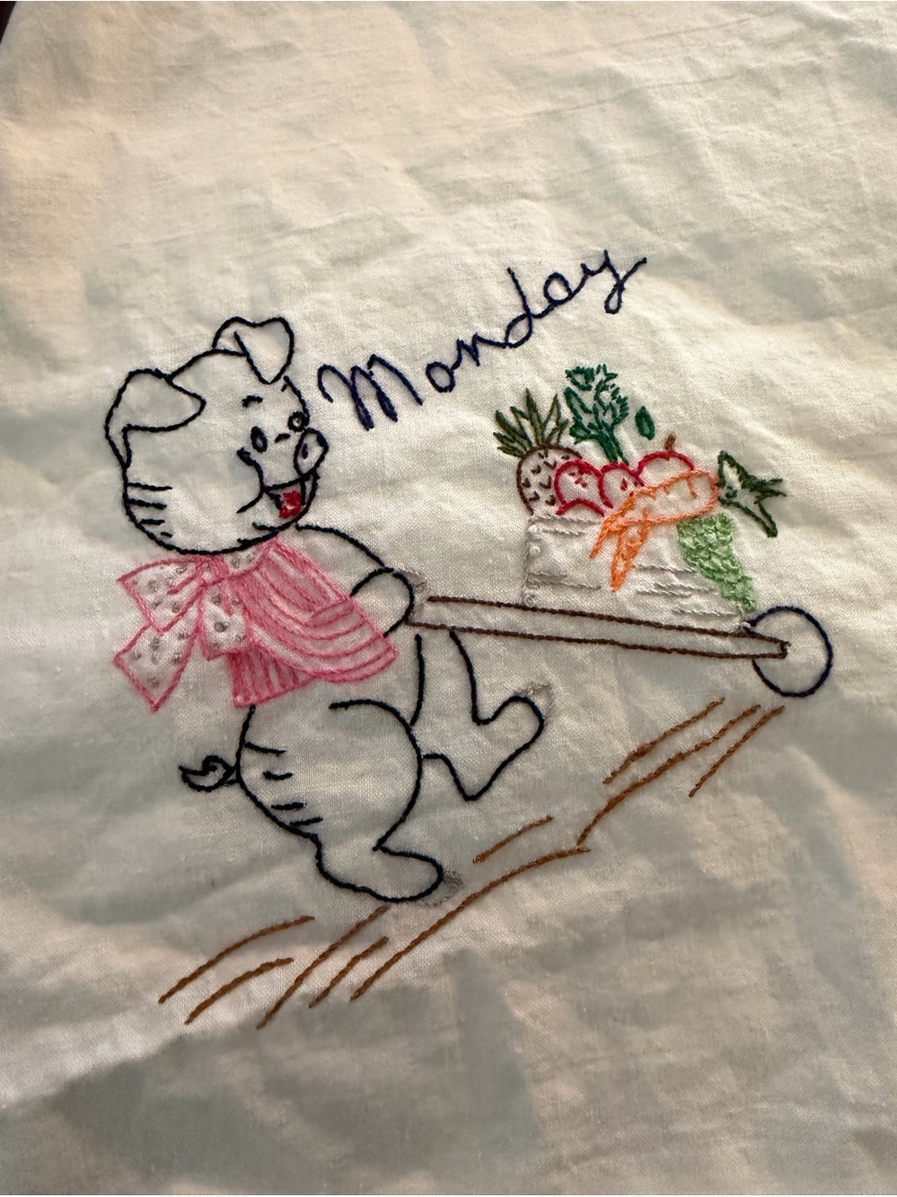 Embroidered Piglet Wheelbarrow Accent - White Fabric